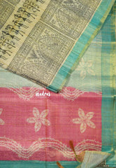 Sandal Beige with Teal - Roopa - Premium Chappa semi Tussar Tissue Blend with Warli Prints -  Perfect for Small Functions