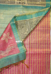 Sandal Beige with Teal - Roopa - Premium Chappa semi Tussar Tissue Blend with Warli Prints -  Perfect for Small Functions