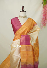 Sandal Beige with Pink - Roopa - Premium Chappa semi Tussar with Ganga Jamuna Border -  Perfect for Small Functions