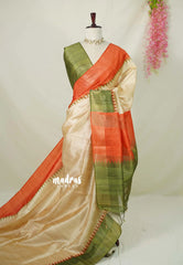 Sandal Beige with Green - Roopa - Premium Chappa semi Tussar with Ganga Jamuna Border - Perfect for Small Functions