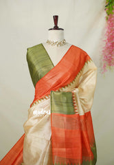 Sandal Beige with Green - Roopa - Premium Chappa semi Tussar with Ganga Jamuna Border - Perfect for Small Functions