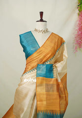 Sandal Beige with Blue - Roopa - Premium Chappa semi Tussar with Ganga Jamuna Border -  Perfect for Small Functions
