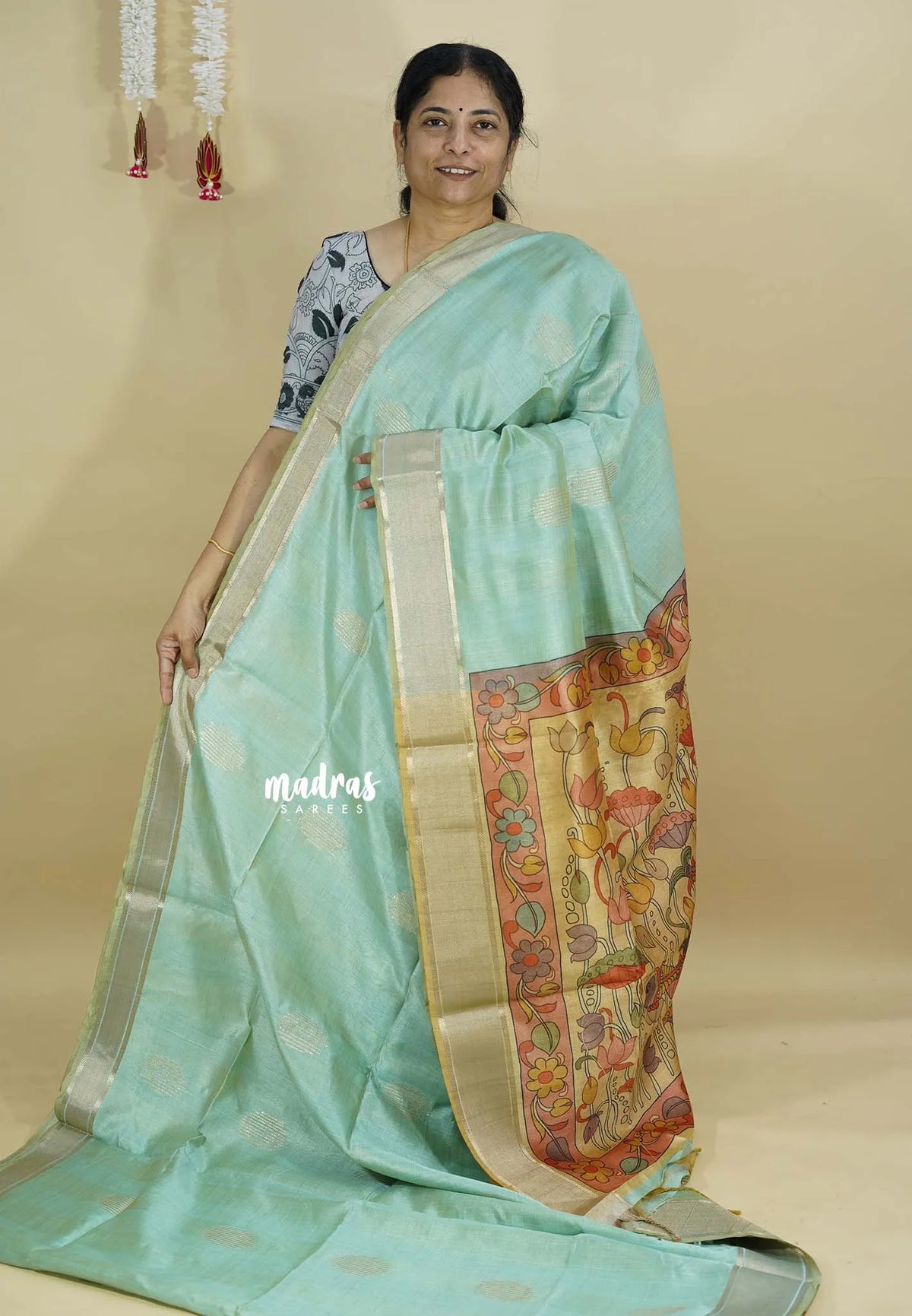Turquoise Green - Roopa  - Semi tussar with kalamkari pallu