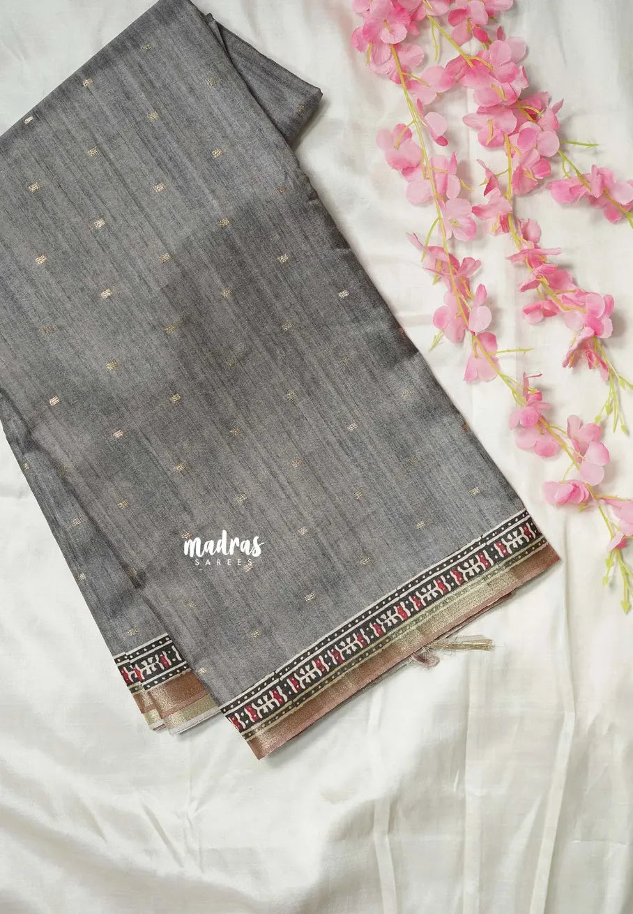 Moon Grey - Rukmani - Premium Tussar Silk with Zari Buttas Rich pallu and blouse - Perfect for tea party