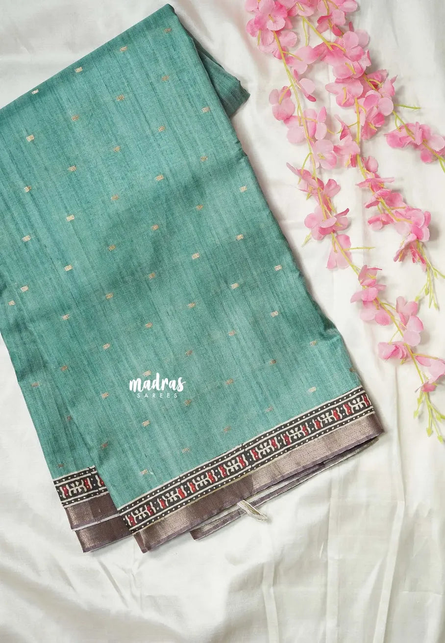 Seafoam Green - Rukmani - Premium Tussar Silk with Zari Buttas Rich pallu and blouse - Perfect for tea party