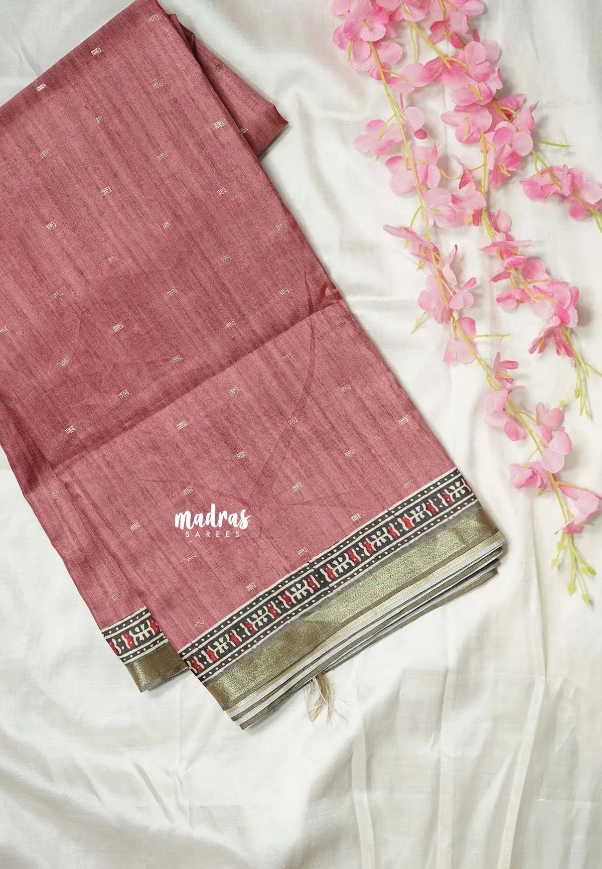 Antique Rose - Rukmani - Premium Tussar Silk with Zari Buttas Rich pallu and blouse - Perfect for tea party