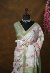 Pastel pista green - Roopa - Lightweight semi tussar Divine Lotus Prints with Kattam Body and Temple Border - Best for Office Wear | Get together | Casual Wear