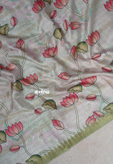 Pastel pista green - Roopa - Lightweight semi tussar Divine Lotus Prints with Kattam Body and Temple Border - Best for Office Wear | Get together | Casual Wear