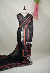Jet Black - Roopa - Semi Tussar with Multiline Printed Border - Best for Office Wear | Get together | Casual Wear