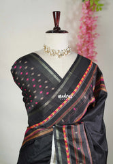 Jet Black - Roopa - Semi Tussar with Multiline Printed Border - Best for Office Wear | Get together | Casual Wear