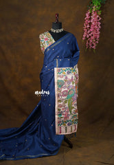 Nightfall Blue - Neelambari  - Semi Tussar Saree Tiny Border with kalamkari pallu and blouse - Perfect for Festive Wear