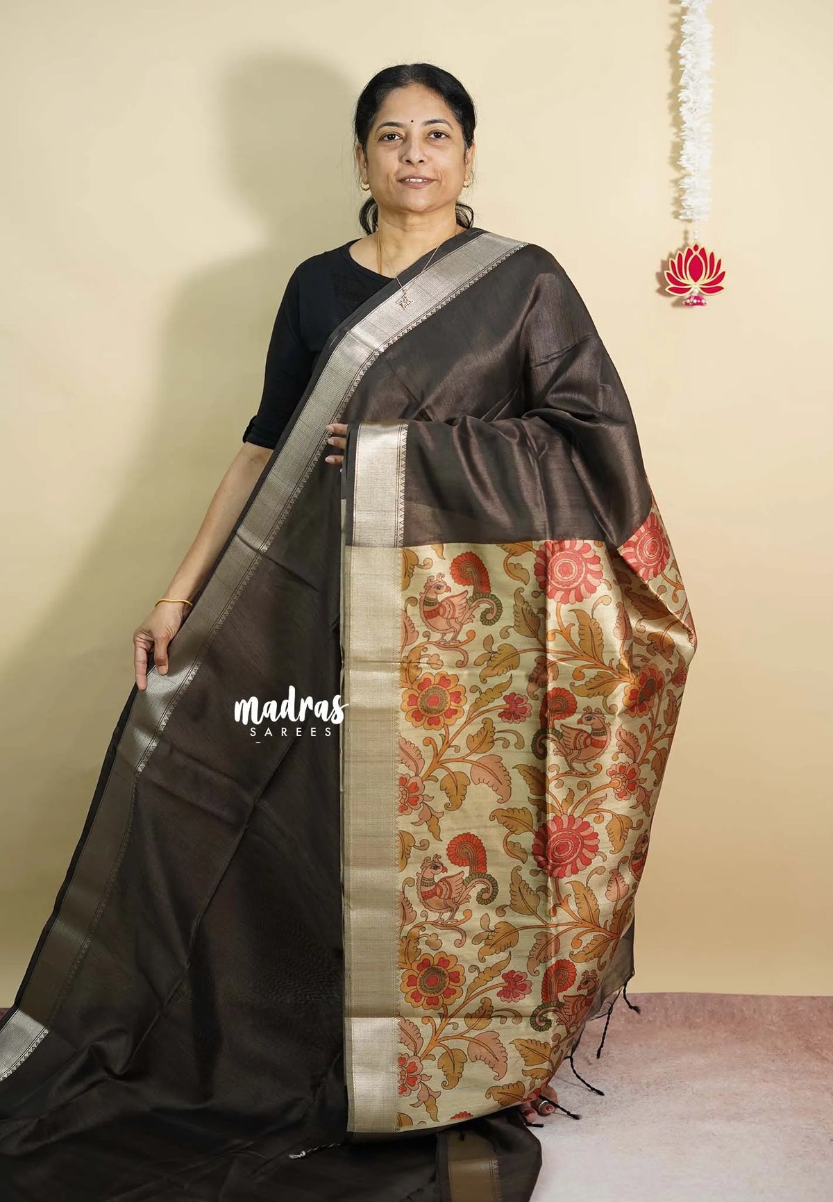Dark Chocolate Brown - Roopa  - Semi tussar with kalamkari pallu and blouse