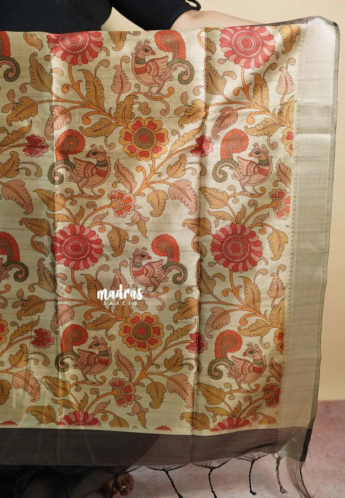 Dark Chocolate Brown - Roopa  - Semi tussar with kalamkari pallu and blouse