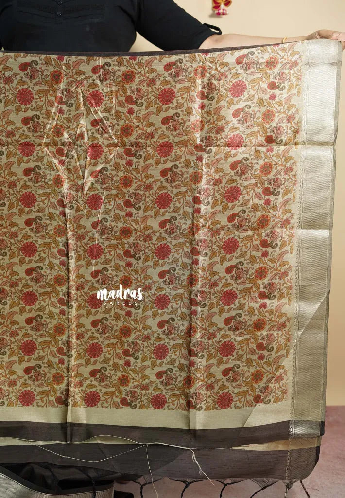 Dark Chocolate Brown - Roopa  - Semi tussar with kalamkari pallu and blouse