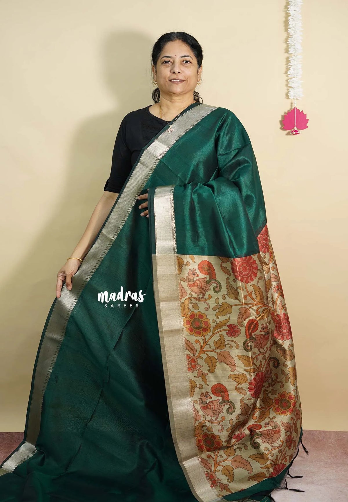 Emerald Green - Roopa  - Semi tussar with kalamkari pallu and blouse