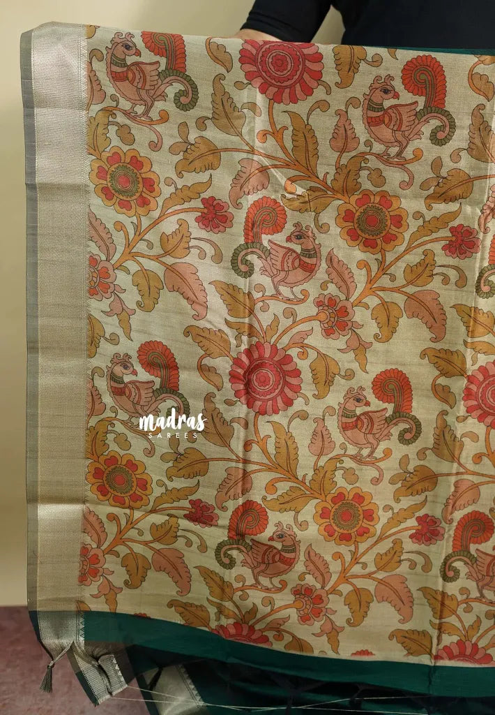 Emerald Green - Roopa  - Semi tussar with kalamkari pallu and blouse