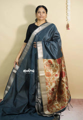 Bluish Grey - Roopa  - Semi tussar with kalamkari pallu and blouse