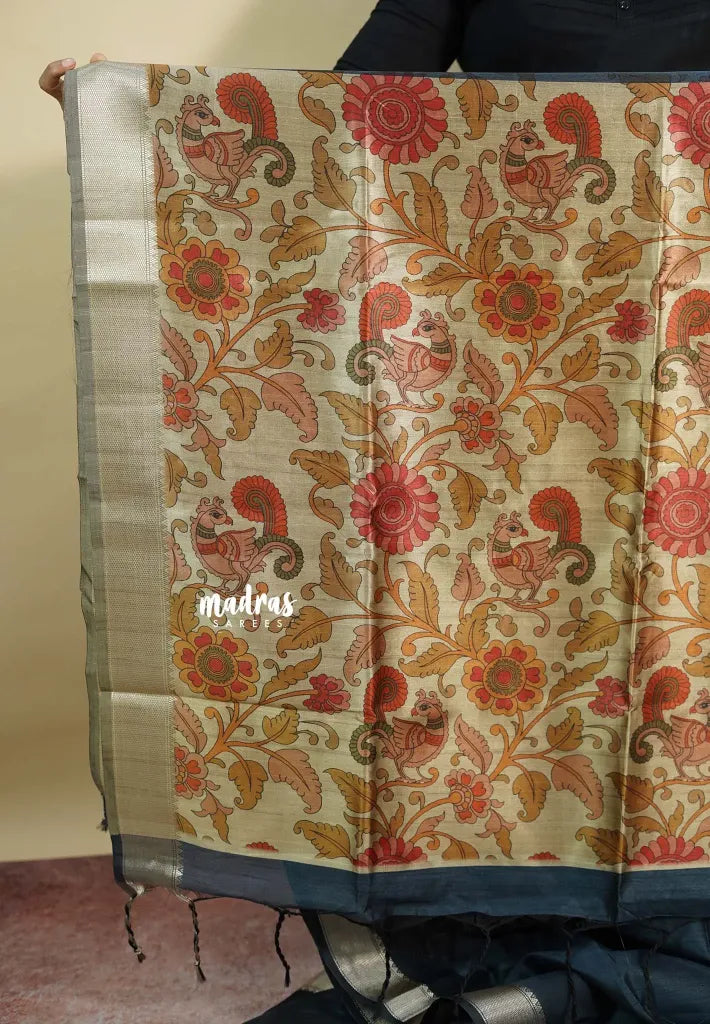 Bluish Grey - Roopa  - Semi tussar with kalamkari pallu and blouse