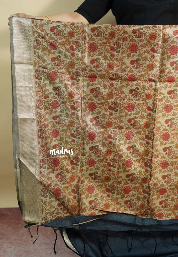 Bluish Grey - Roopa  - Semi tussar with kalamkari pallu and blouse