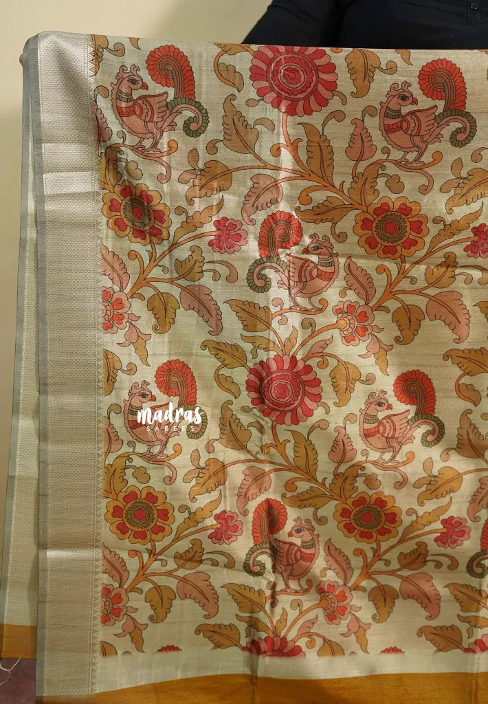 Yellowish brown - Roopa  - Semi tussar with kalamkari pallu and blouse