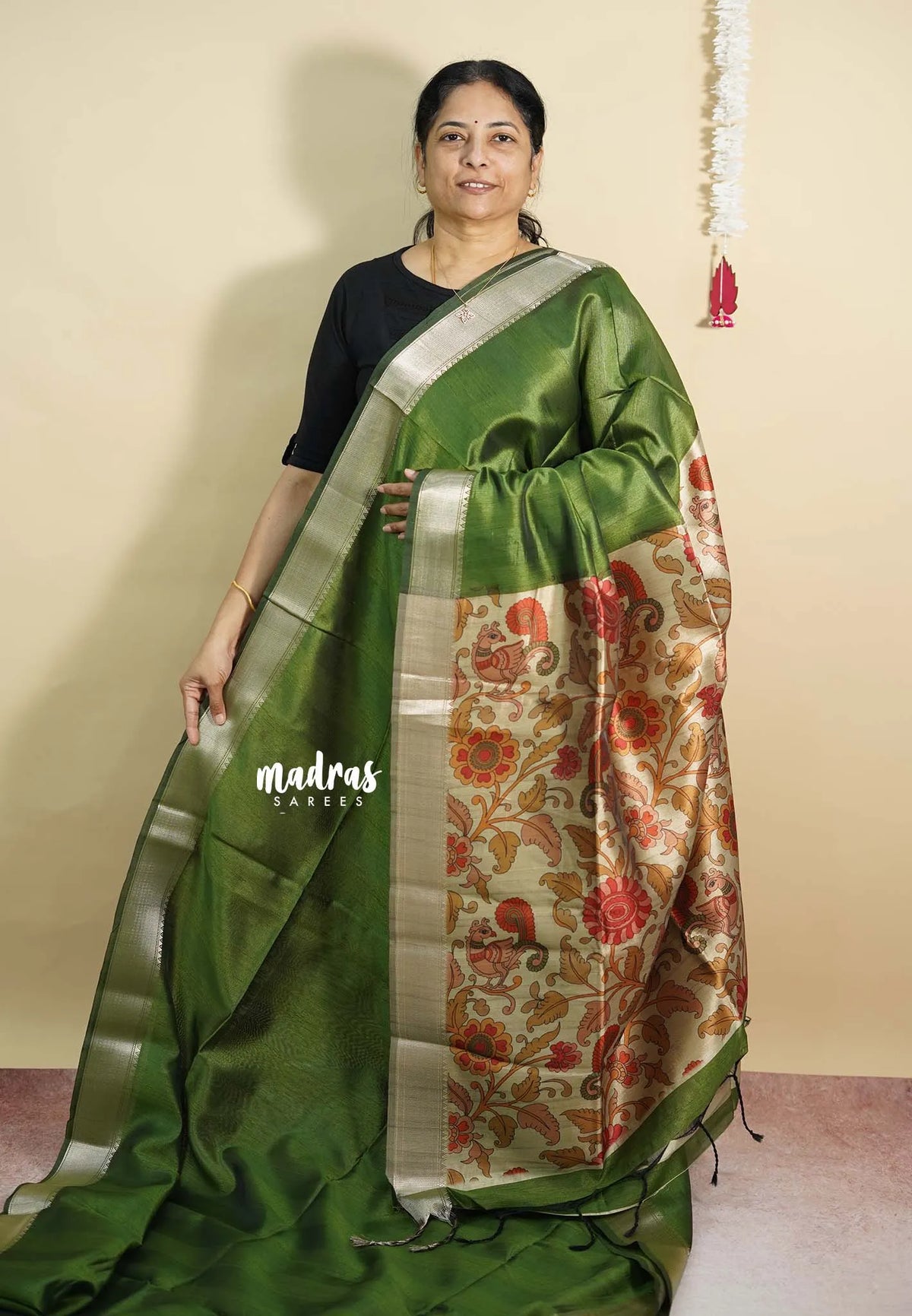 Olive Green - Roopa  - Semi tussar with kalamkari pallu and blouse