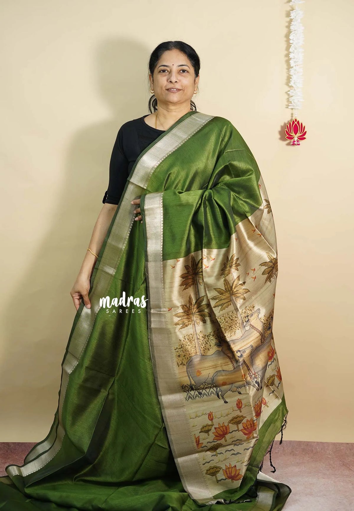 Olive Green - Roopa  - Semi tussar with pichwai pallu and blouse