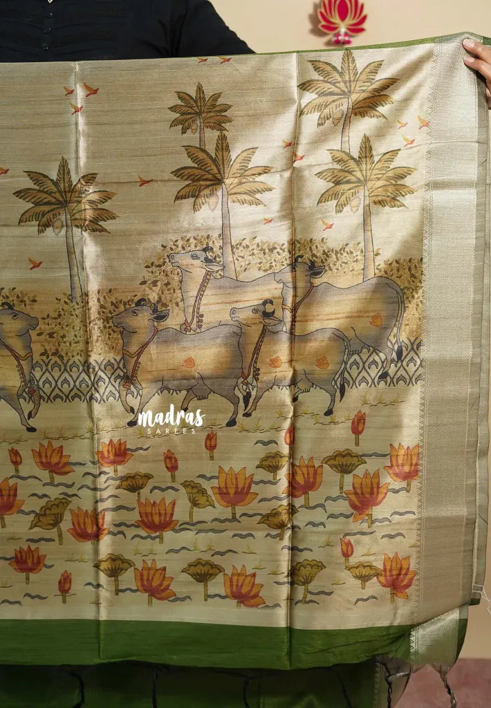 Olive Green - Roopa  - Semi tussar with pichwai pallu and blouse