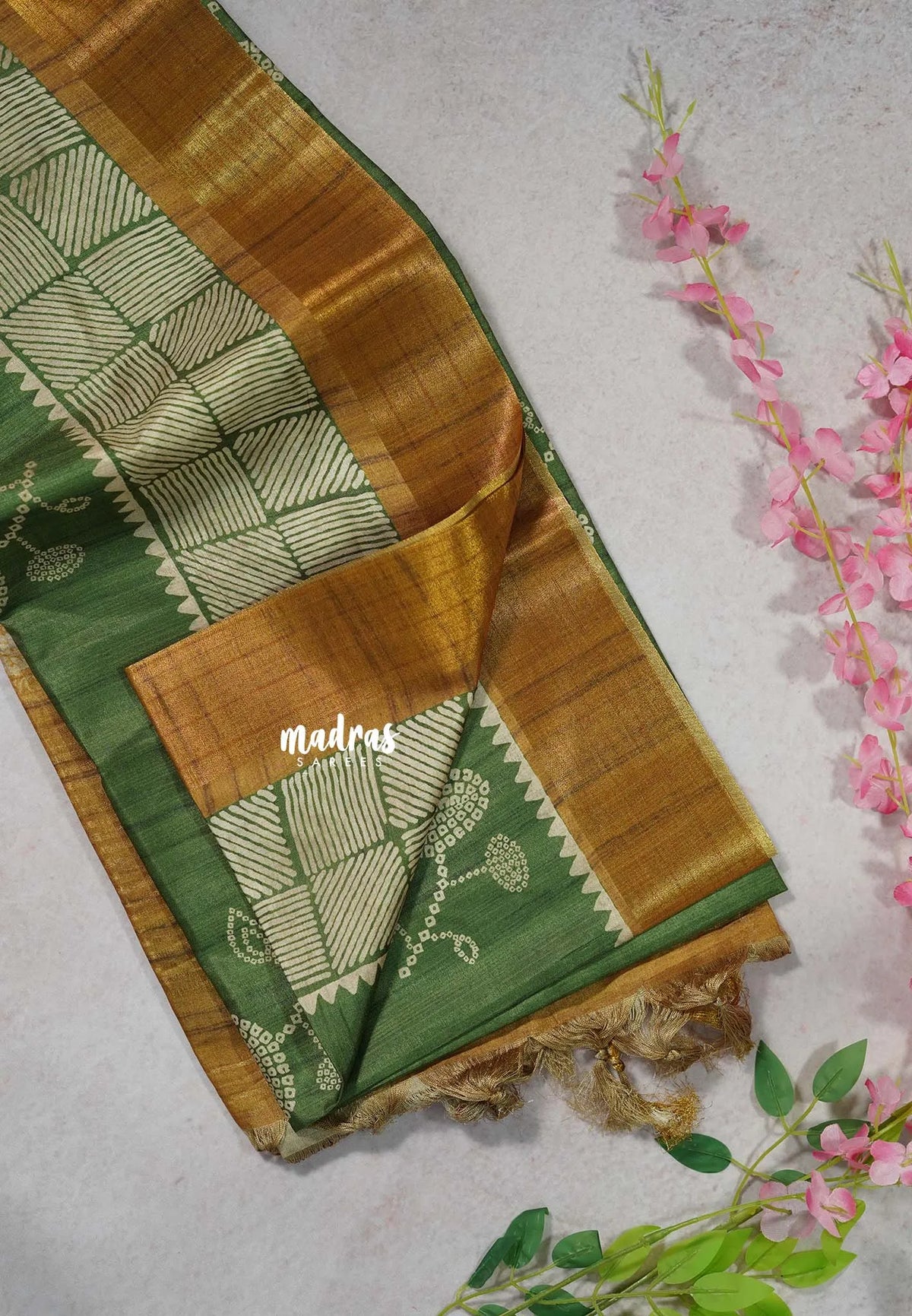 Olive Green - Roopa - Soft Tussar Silk with Tissue Border - Perfect for causal wear
