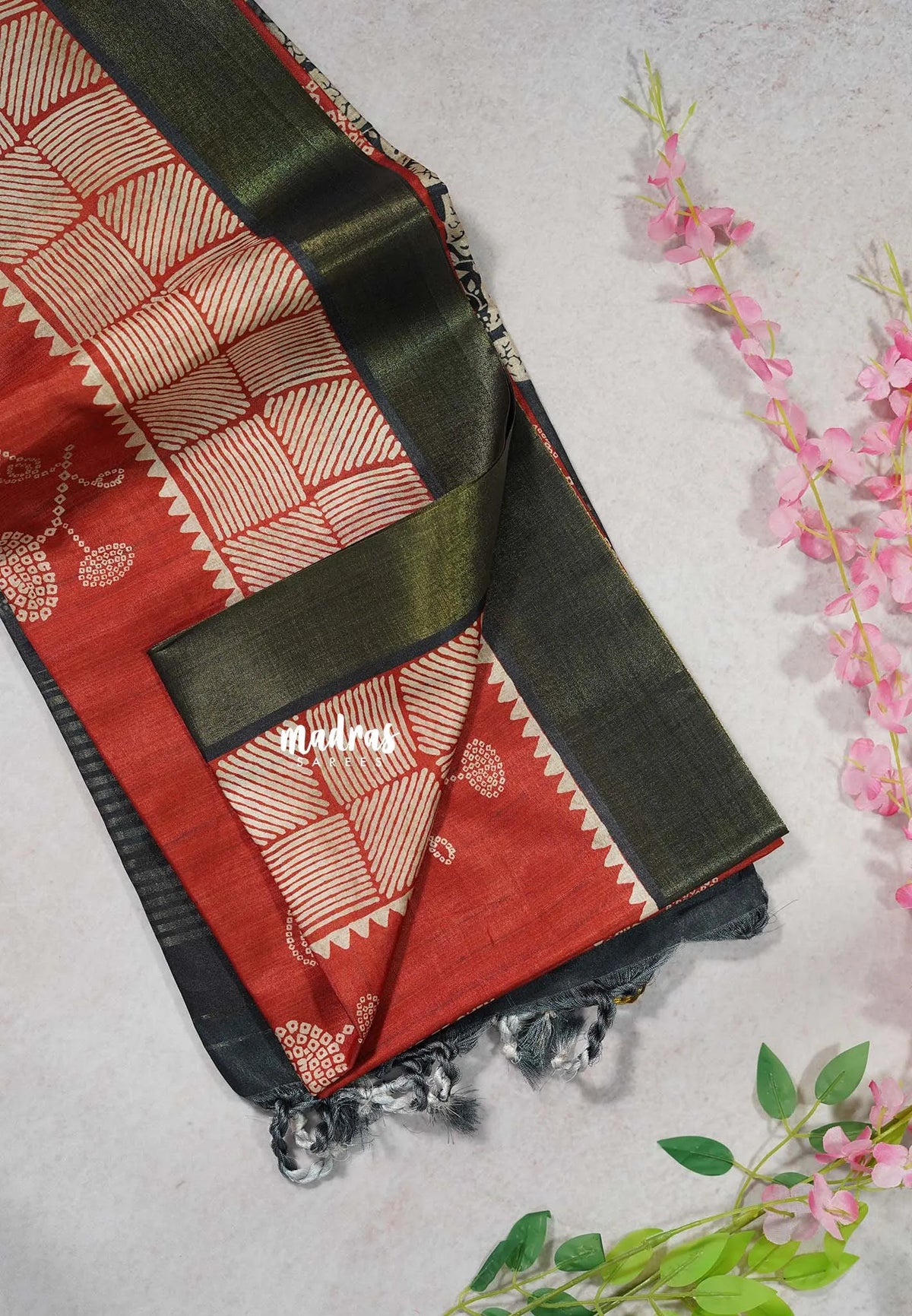 Brick Red - Roopa - Soft Tussar Silk with Tissue Border - Perfect for causal wear