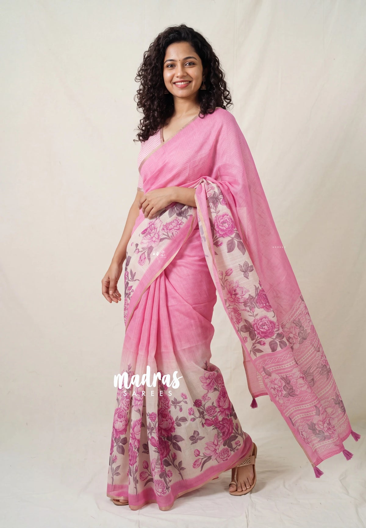 Rose Pink - Pragathi - Linen Cotton Saree with Floral Prints and Contrast Blouse - Best for Office Wear | Casual Wear
