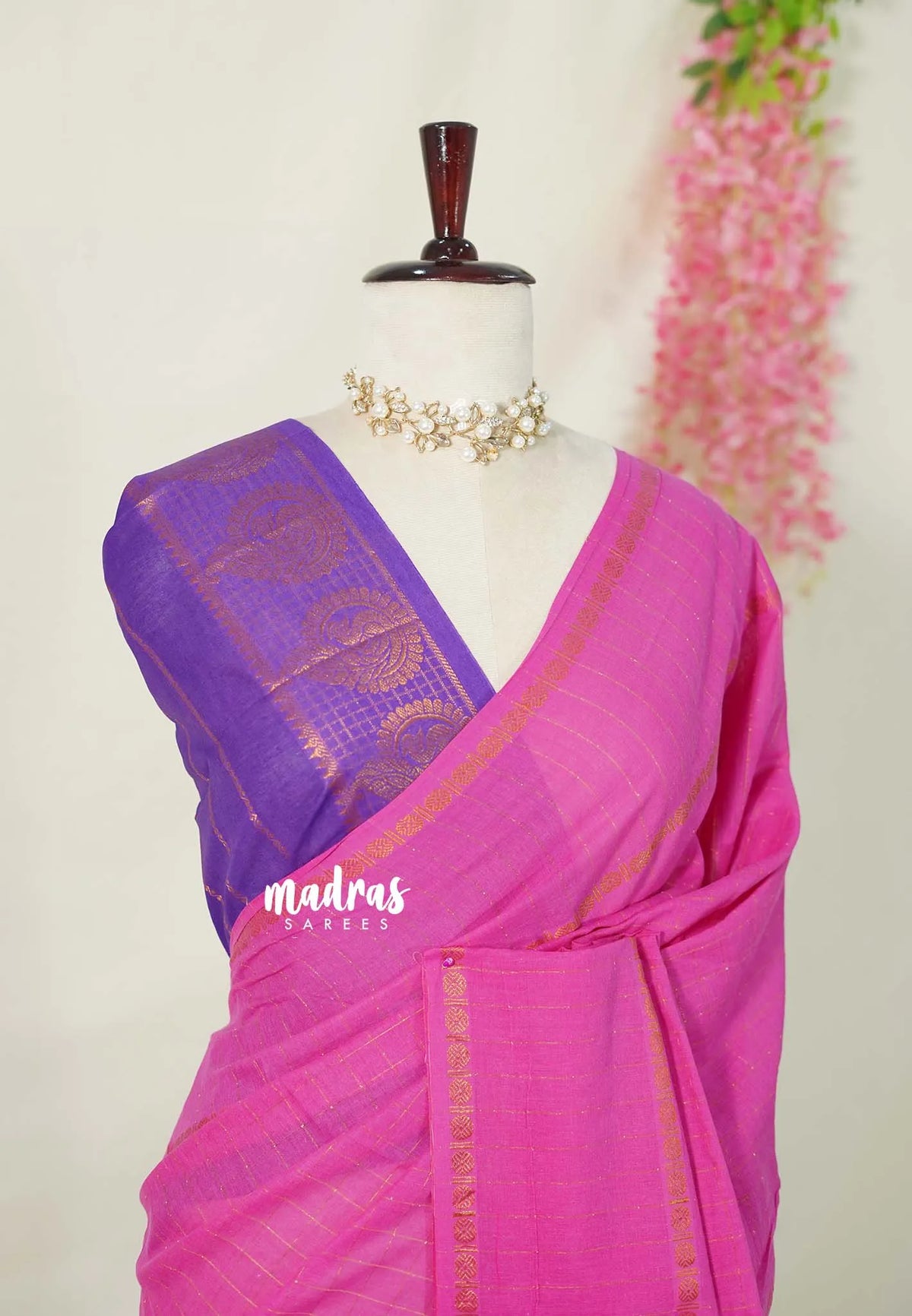 Rose Pink - Subbulakshmi - Sungudi 100 Count Saree zari Checks with Rettapetta Rudraksham Border with Blouse Combo - Best for Casual Wear | Summer Wear | School | College | Office wear