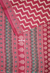 Cranberry Pink with Small Leaf - Fine Quality Pure Cotton Saree with Bagru Prints - Perfect for Regular Wear | Casual Wear | Summer Wear