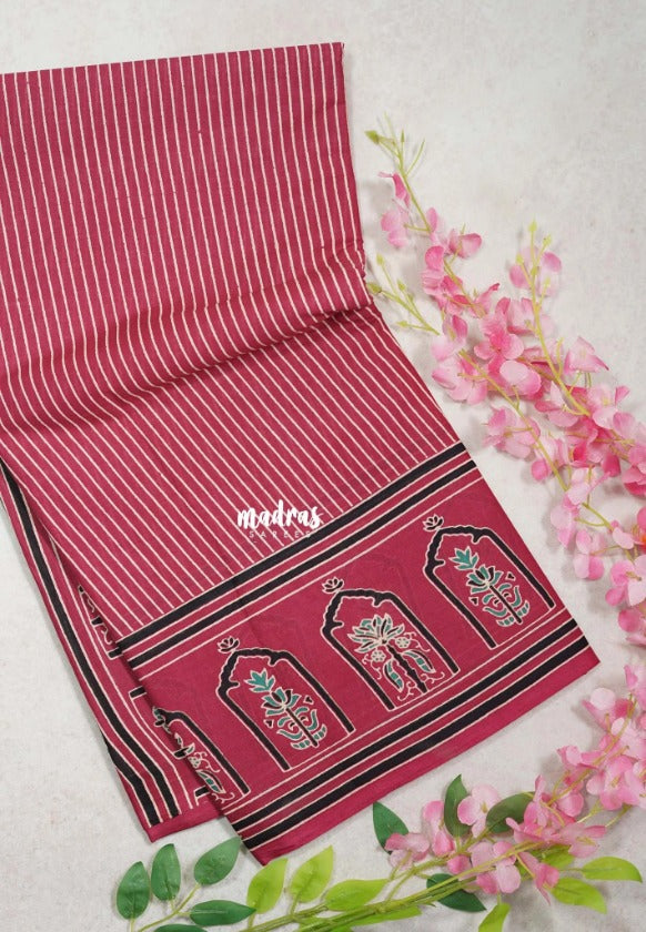 Cranberry Pink with Small Flower - Fine Quality Pure Cotton Saree with Bagru Prints - Perfect for Regular Wear | Casual Wear | Summer Wear