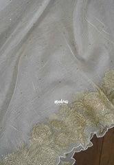 Golden Shade Ivory - Roshini - Pure Crushed Metallic Dualshade Tissue Silk with Heavy Sequin Embroidery Border - Best for Evening Functions