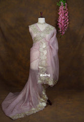 Antique Gold Mauve Pink - Roshini - Pure Crushed Metallic Dualshade Tissue Silk with Heavy Sequin Embroidery Border - Best for Evening Functions