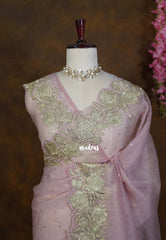 Antique Gold Mauve Pink - Roshini - Pure Crushed Metallic Dualshade Tissue Silk with Heavy Sequin Embroidery Border - Best for Evening Functions