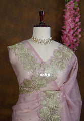 Antique Gold Mauve Pink - Roshini - Pure Crushed Metallic Dualshade Tissue Silk with Heavy Sequin Embroidery Border - Best for Evening Functions