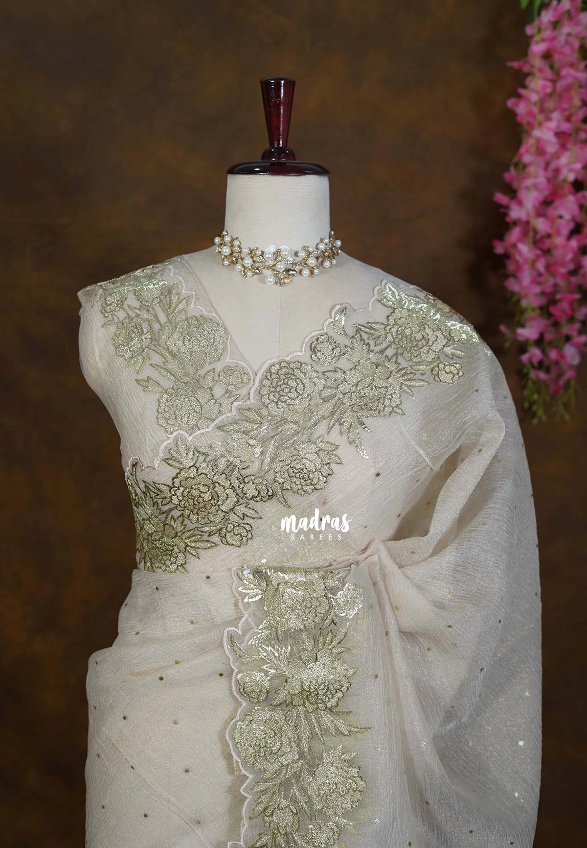 Golden Shade Taupe - Roshini - Pure Crushed Metallic Dualshade Tissue Silk with Heavy Sequin Embroidery Border - Best for Evening Functions