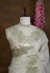 Golden Shade Taupe - Roshini - Pure Crushed Metallic Dualshade Tissue Silk with Heavy Sequin Embroidery Border - Best for Evening Functions