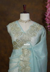 Golden Shade Seafoam Sage Green - Roshini - Pure Crushed Metallic Dualshade Tissue Silk with Heavy Sequin Embroidery Border - Best for Evening Functions