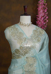 Golden Shade Seafoam Sage Green - Roshini - Pure Crushed Metallic Dualshade Tissue Silk with Heavy Sequin Embroidery Border - Best for Evening Functions