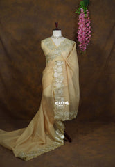 Golden Shade Warm Olive - Roshini - Pure Crushed Metallic Dualshade Tissue Silk with Heavy Sequin Embroidery Border - Best for Evening Functions