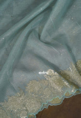 Golden Shade Seafoam Sage Green - Roshini - Pure Crushed Metallic Dualshade Tissue Silk with Heavy Sequin Embroidery Border - Best for Evening Functions