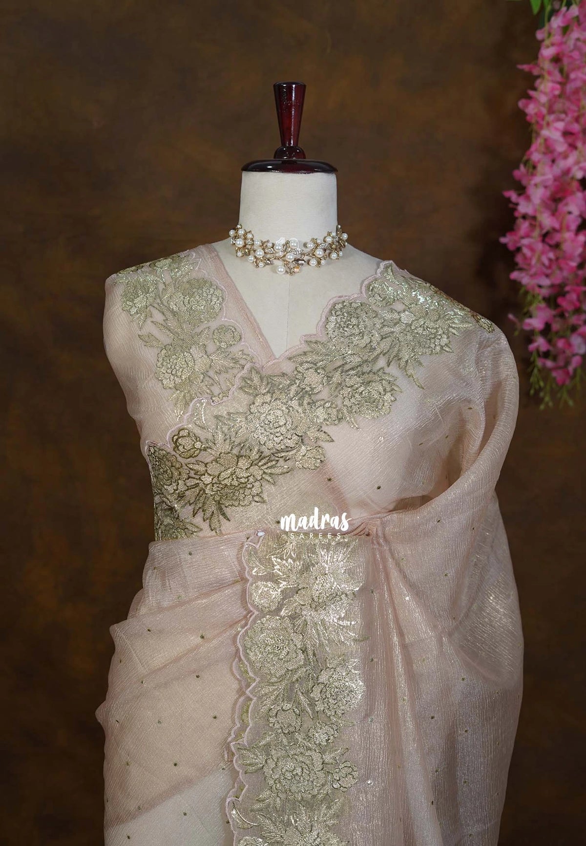 Golden Shade Blush Beige - Roshini - Pure Crushed Metallic Dualshade Tissue Silk with Heavy Sequin Embroidery Border - Best for Evening Functions