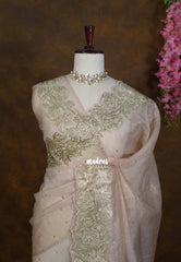 Golden Shade Blush Beige - Roshini - Pure Crushed Metallic Dualshade Tissue Silk with Heavy Sequin Embroidery Border - Best for Evening Functions