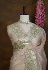 Golden Shade Blush Beige - Roshini - Pure Crushed Metallic Dualshade Tissue Silk with Heavy Sequin Embroidery Border - Best for Evening Functions