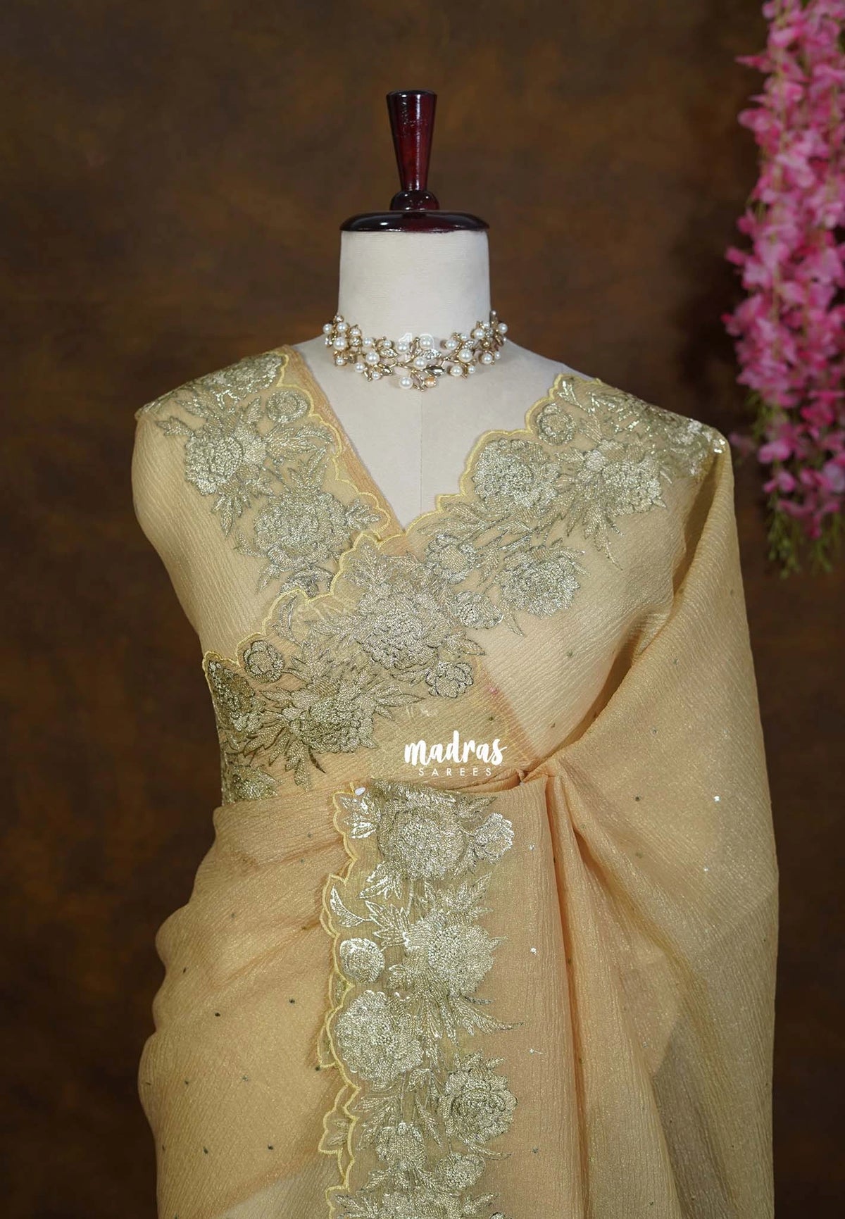 Golden Shade Warm Olive - Roshini - Pure Crushed Metallic Dualshade Tissue Silk with Heavy Sequin Embroidery Border - Best for Evening Functions