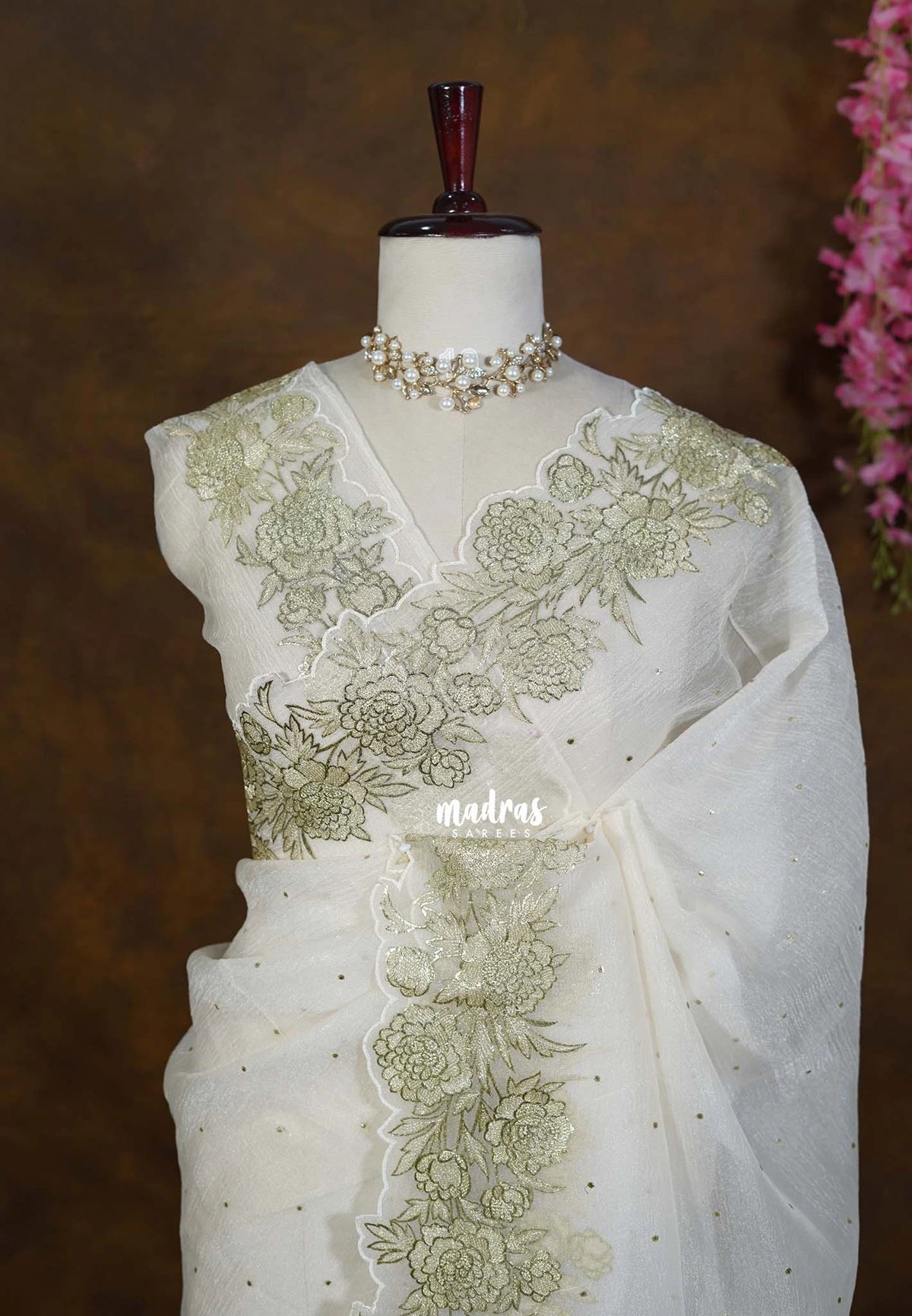 Golden Shade Ivory - Roshini - Pure Crushed Metallic Dualshade Tissue Silk with Heavy Sequin Embroidery Border - Best for Evening Functions