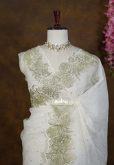 Golden Shade Ivory - Roshini - Pure Crushed Metallic Dualshade Tissue Silk with Heavy Sequin Embroidery Border - Best for Evening Functions
