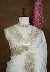 Golden Shade Ivory - Roshini - Pure Crushed Metallic Dualshade Tissue Silk with Heavy Sequin Embroidery Border - Best for Evening Functions